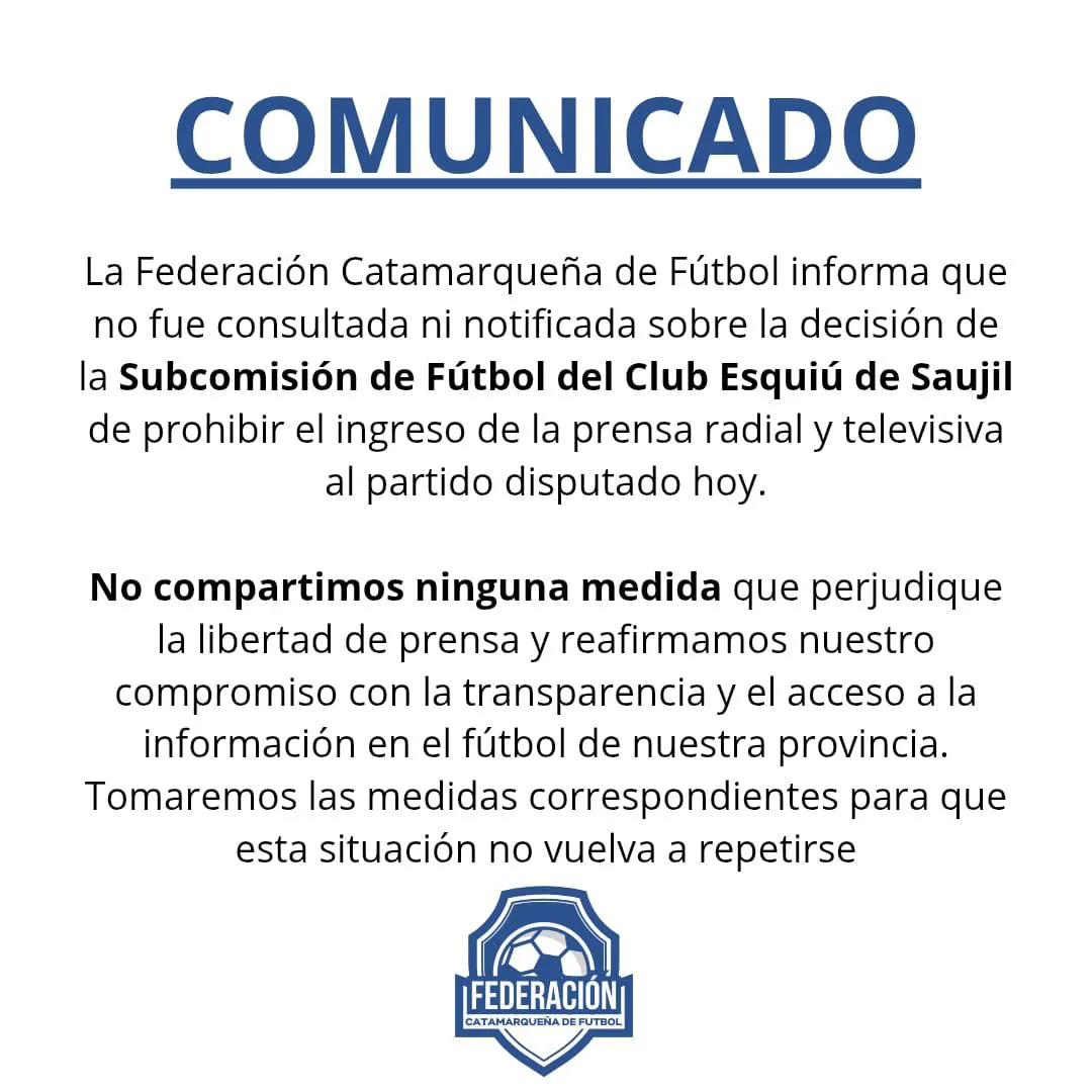Comunicado de la Federacion Catamarqueña de Futbol