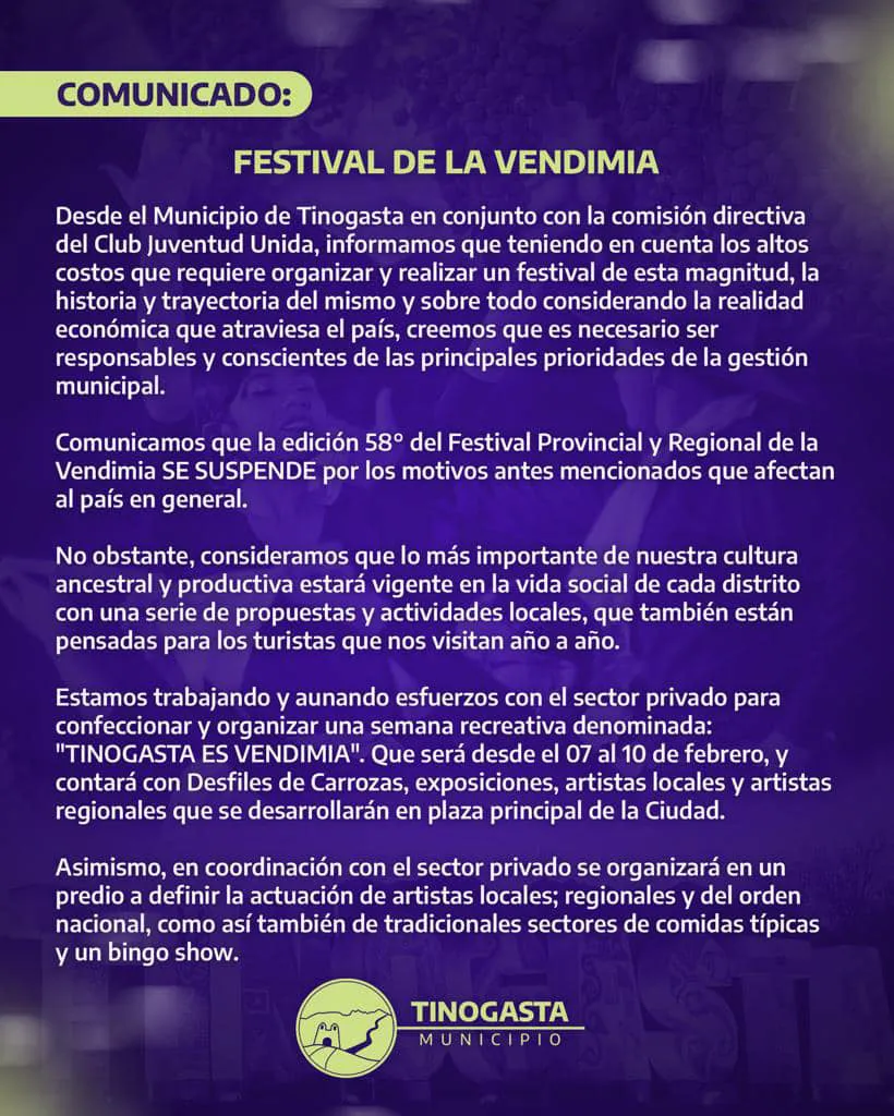 Festival de la Vendimia Tinogasta - Suspension