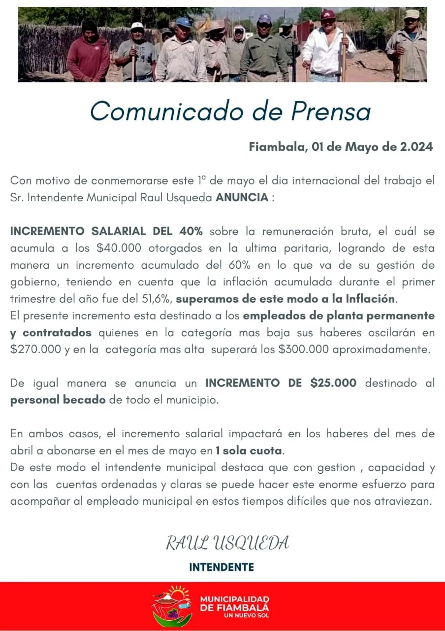 Comunicado de Prensa - Aumento a Municipales de Fiambala